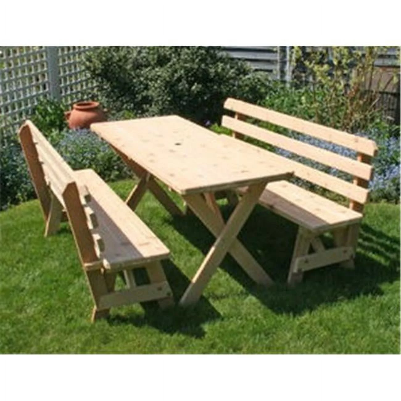 Cedar 27 in. Wide 8 ft. Cross Legged Picnic Table with -4- 4 ft. Backed Benches