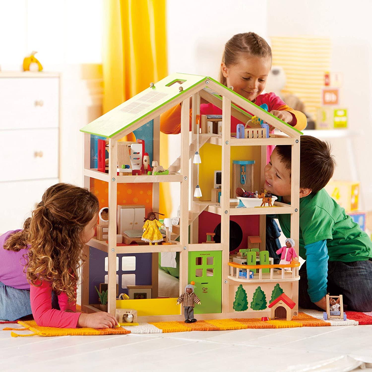 Hape All Seasons Kids Wooden Dollhouse by Award Winning 3 Story Dolls House Toy