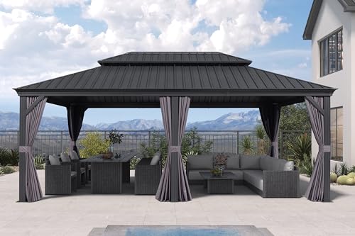PURPLE LEAF 10' X 14' Permanent Hardtop Gazebo Aluminum Gazebo with Galvanized Steel Double Roof for Patio Lawn and Garden, Curtains and Netting Included, Grey