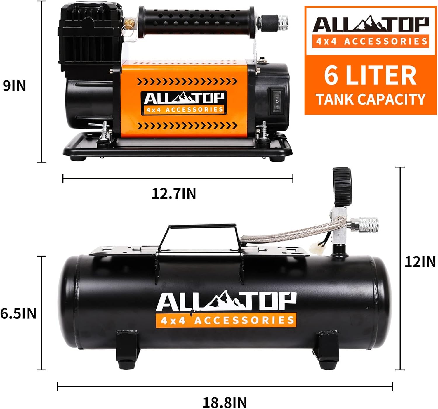 ALL-TOP Air Compressor with 6L Tank Kit,12V Portable Inflator & Oil-Free Steel Tank 6-Liter, Offroad Air Compressor for Truck Tires, Heavy Duty Air Compressor Max 150PSI for SUV 4x4 Vehicle RV Tire