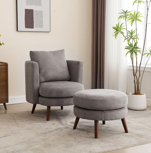 Modern Accent Chair with Ottoman,Upholstered Reading Chair,Comfy Living Room Armchair and Ottoman,Single Sofa with Wooden Leg and Throw Pillow for Bedroom, Corner,Reading Nook,Office (Charcoal)