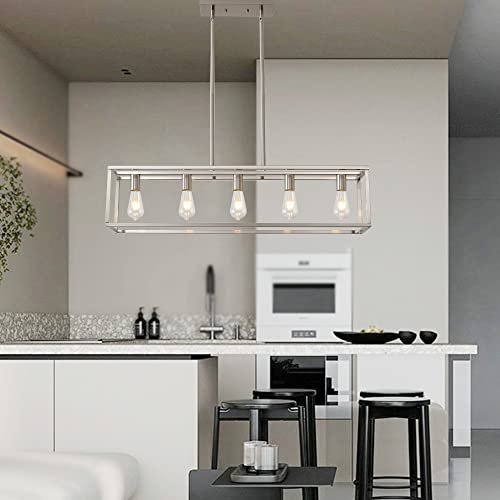 5 Lights Island Lighting Brushed Nickel Dining Room Chandelier Farmhouse Hanging Light Fixture Modern Kitchen Island Linear Lighting Farmhouse Chandelier for Bar Restaurant