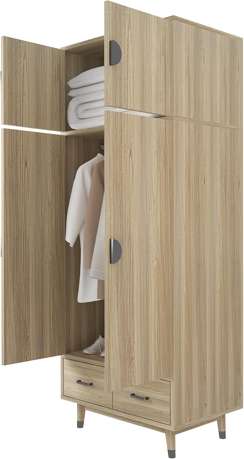 Armoire Wardrobe Closet 2-Door Storage Pantry Cabinet Modern Wood Closet with 2 Drawers, Hanging Rod, Freestanding Pantry Cabinet for Bedroom, Oak