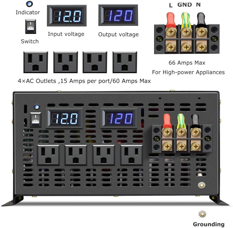 Reliable 8000W Continuous Power Heavy Duty Pure Sine Wave Power Inverter DC 48V to AC 120V with 4 AC Outlets Remote Control 66A Hardwire Terminal and LED Display for RV Car Solar System Emergency