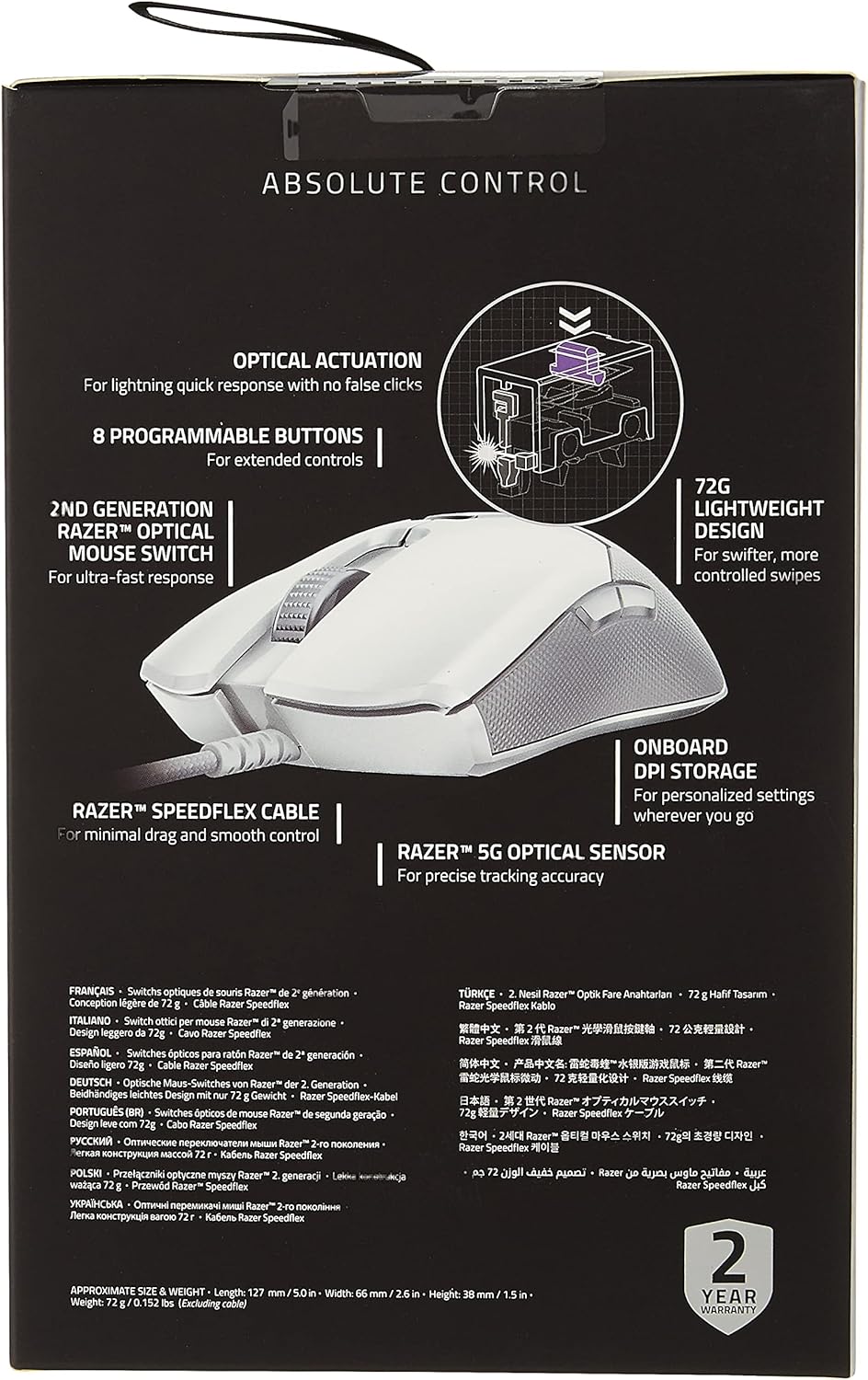 Razer Viper Ultralight Ambidextrous Wired Gaming Mouse: 2nd Generation Razer Optical Mouse Switches - Razer 5G Optical Sensor - 71g Lightweight Design - Speedflex Cable - Mercury White Pack of 2