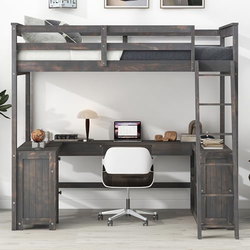 Harper & Bright Designs Full Size Loft Bed with Desk, Bookshelf, Solid Wood Loft Bed Frame with Storage Drawers and Bedside Tray, Charging Station (White)