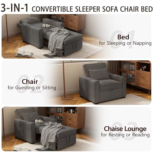 Sleeper Chair, 3 in 1 Convertible Sofa Bed, Adjustable Pull Out Sofa Bed with Throw Pillow, Modern Soft Corduroy Fabric Sofa Sleeper for Single, Living Room, Dorm, Office, Bedroom (Beige)
