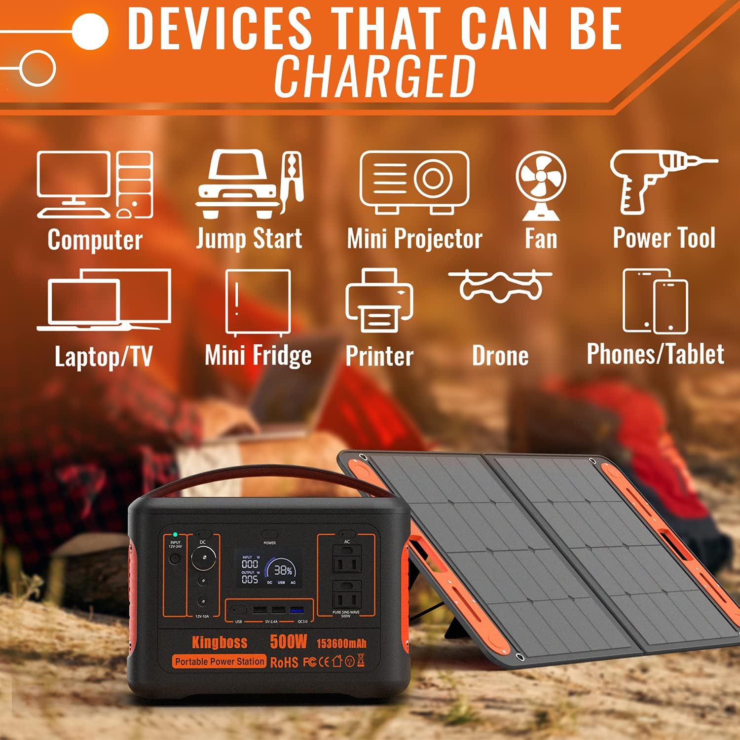 Portable Power Station 500W Kingboss, 568WH 153600mAh Outdoor Solar Generator Backup Lithium Battery with 110V/500W (Peak 1000W) AC Outlet, 2* DC, Carport, 2*USB-C, QC USB 3.0 for Camping, Powerbank