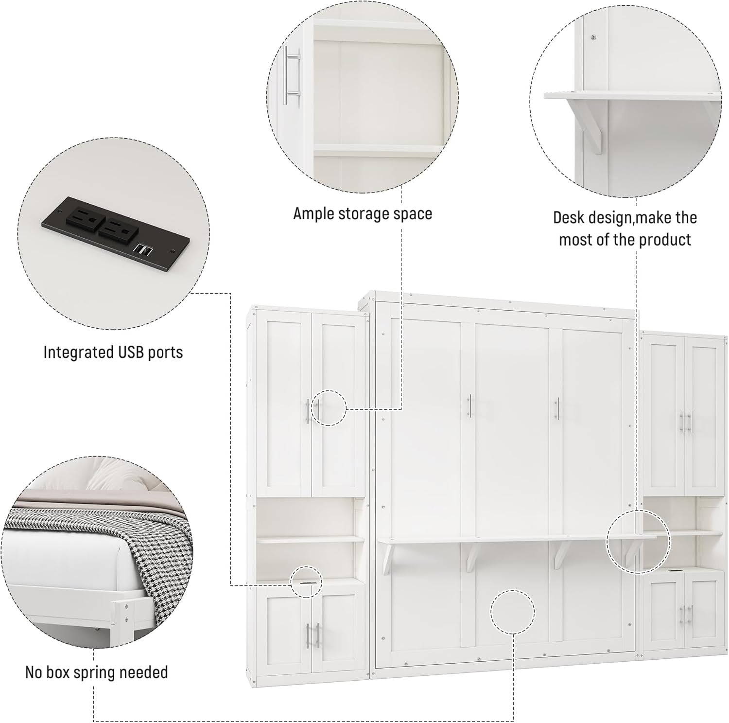 Merax Queen Size Murphy Bed with 2 Side Cabinet Storage Shelves Cabinet Folding Wall Bed with Desk Combo for Guest Room,Study,Office,White