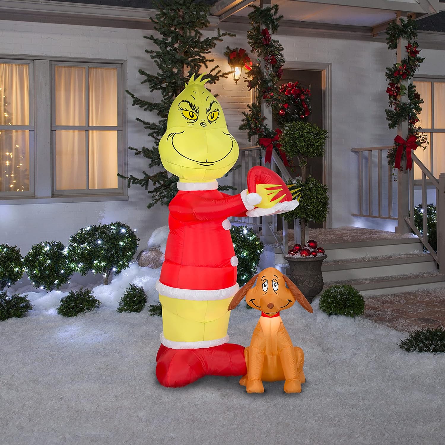 Gemmy Animated Airblown Inflatable Grinch Putting Santa Hat on Max Scene Dr. Seuss, 6 ft Tall