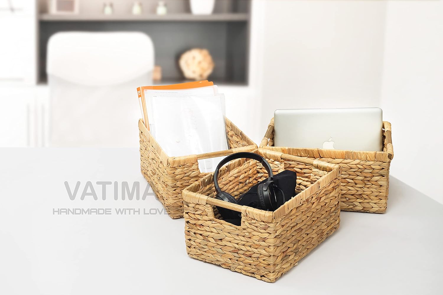 VATIMA Large Wicker Basket Rectangular with Wooden Handles for Shelves, Water Hyacinth Basket Storage, Natural Baskets for Organizing, Wicker Baskets for Storage 14.5 x 10.3 x 7.2 inches