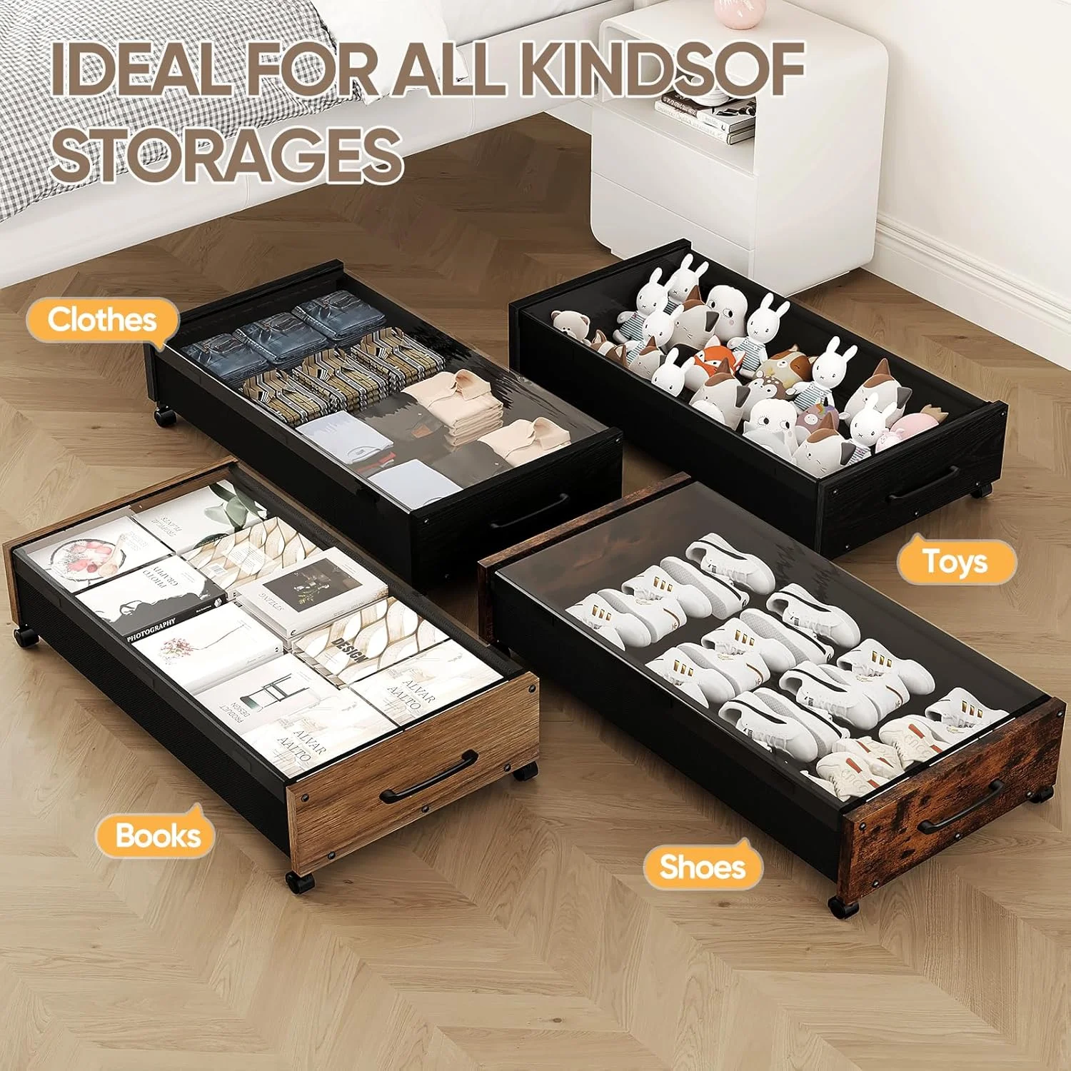Wooden Under Bed Storage with Wheels, 80L Extra-large Rolling Under the Bed Storage Bins 2 Pack with Removable Lid, Upgrade Metal Under Bed Drawers for Clothes Shoes Blankets in Bedroom