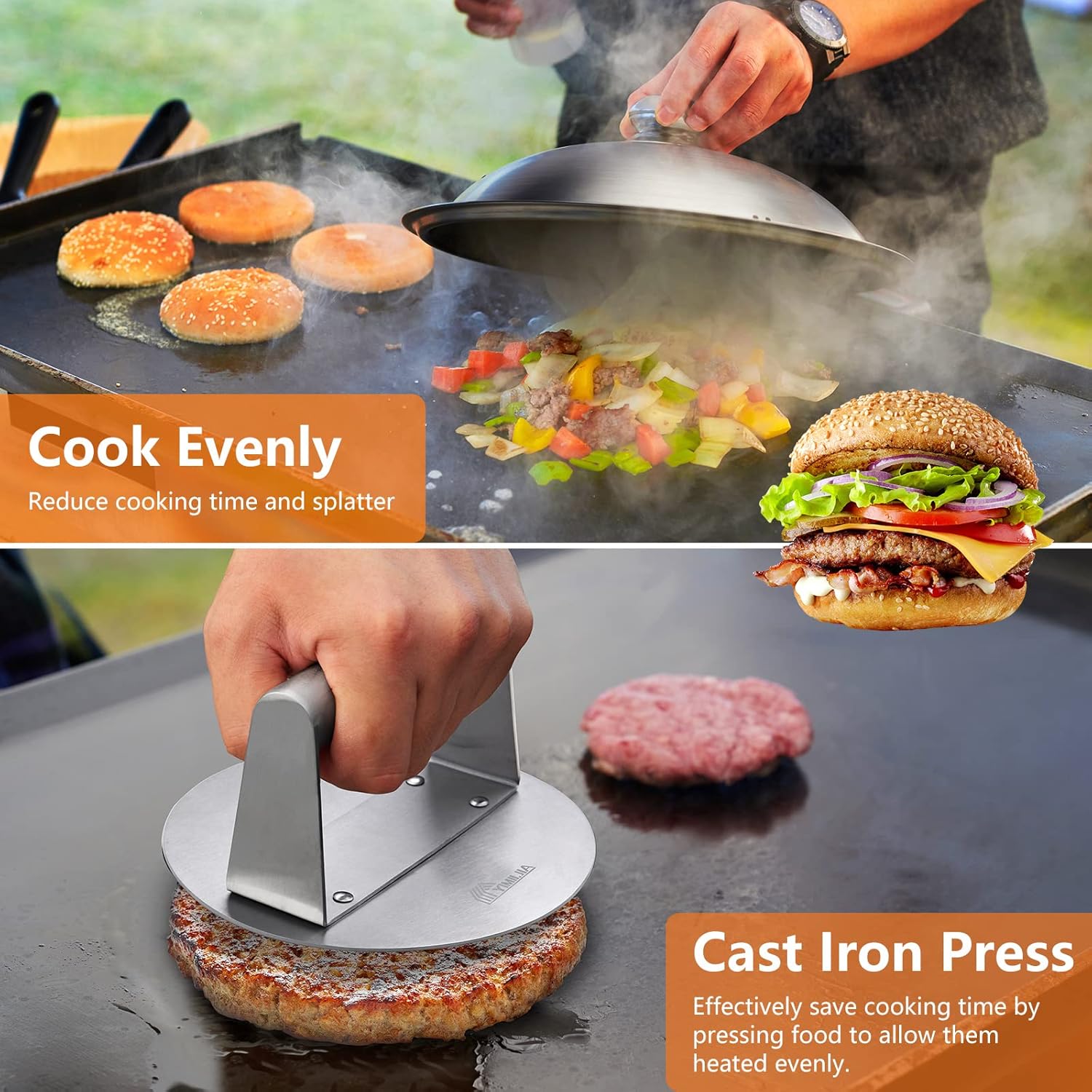 YIMII.JIA Griddle Accessories Set, 15 Pcs Flat Top Grill Accessories Kit for Blackstone and Camp Chef, Barbecue Utensil Gifts for Men with Spatula Set, Basting Cover and Burger Press Pack of 2