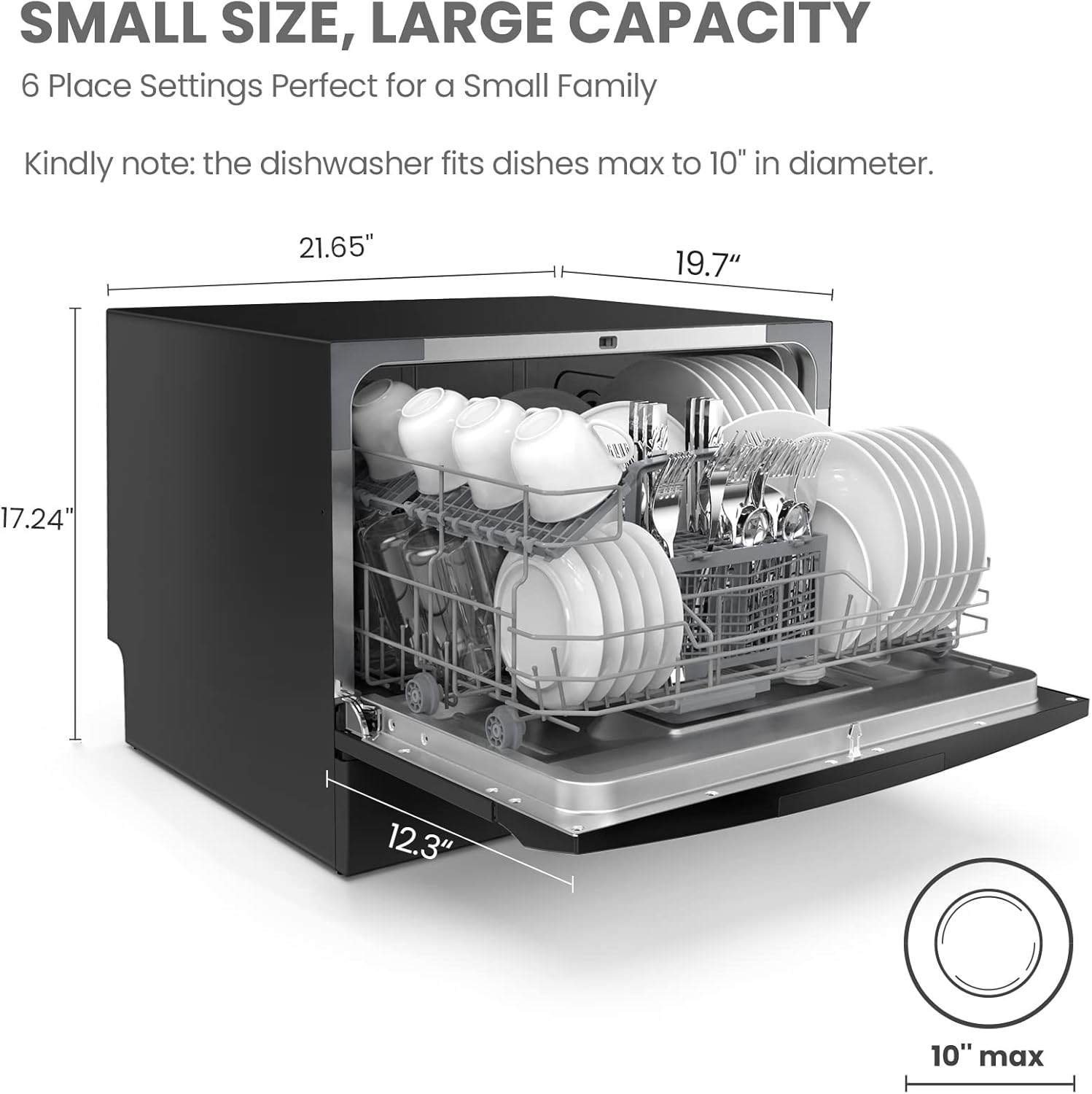 BLACK+DECKER BCED37 Compact Dryer for Standard Wall Outlet, Small, 4 Modes, Load Volume 13.2 lbs. & COMFEE’ Countertop Dishwasher, Energy Star Portable Dishwasher, 6 Place Settings