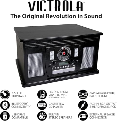 Victrola Navigator 8-in-1 Bluetooth Record Player with Built-in Speakers– 3 Speed Turntable, CD Player, Cassette, FM Radio, USB, RCA Out, Headphone Jack, Wireless Music Streaming, Real Wood (Mahogany)