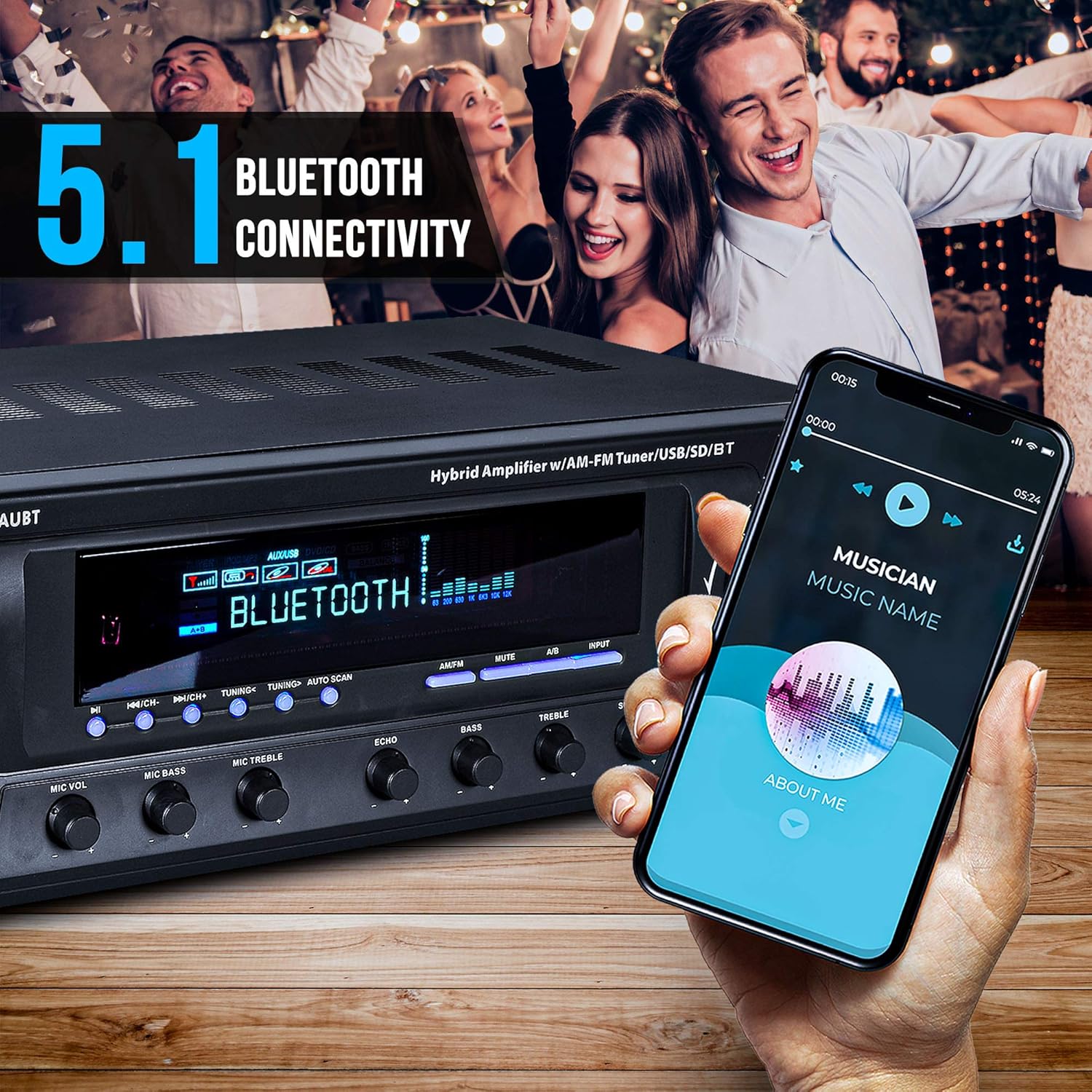 Wireless Bluetooth Audio Power Amplifier - 300W 4 Channel Home Theater Stereo Receiver with USB, AM FM, 2 Mic IN with Echo, RCA, LED, Speaker Selector - For Studio, Home Use - Pyle PT272AUBT