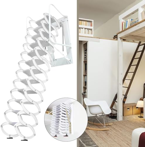 Attic Ladder Telescopic Ladder, 12 Steps Wall Mounted Folding Stairs Pull Down Loft Ladder Heavy Duty Al-Mg Alloy Attic Access Ladder 9.5-10FT Height with Armrests, 882LB Load Capacity