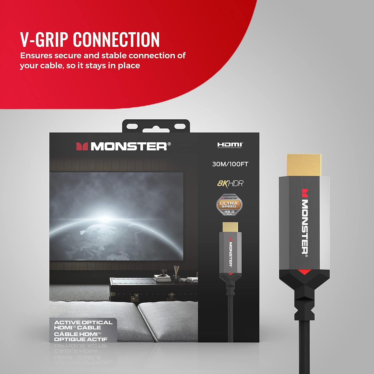 Monster Essentials HDMI 2.1-48 Gbps Active Optical Cable Featuring Aluminum Extrusion Connector - Supports 8K @ 60HZ, 4K @ 120HZ, Premium Certified, V-Grip, 15 Meters