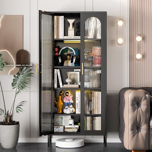 71" Display Cabinet with Glass Doors, Curio Cabinet with 4 Adjustable Shelves, Glass Cabinet Display Cases for Collectibles,Black Tall Metal Cabinet for Home Office,Living Room,Kitchen