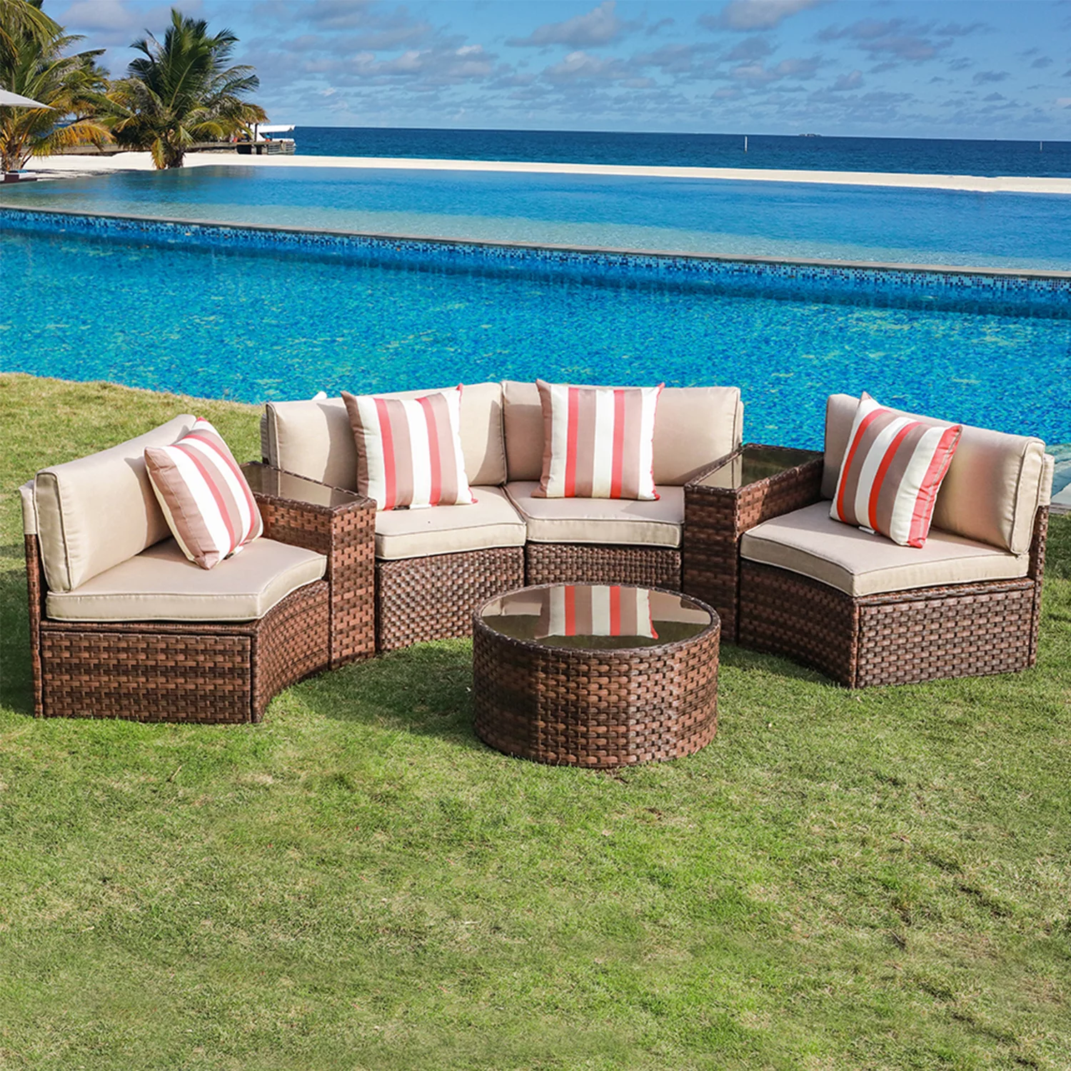 Outdoor Sectional Half-Moon Curved Sofa Set, 7-Piece Brown All Weather PE Wicker Sectional Furniture Set with Round Coffee Table and Side Tables, 4 Pillows & Waterproof Cover Included, Beige Cushion
