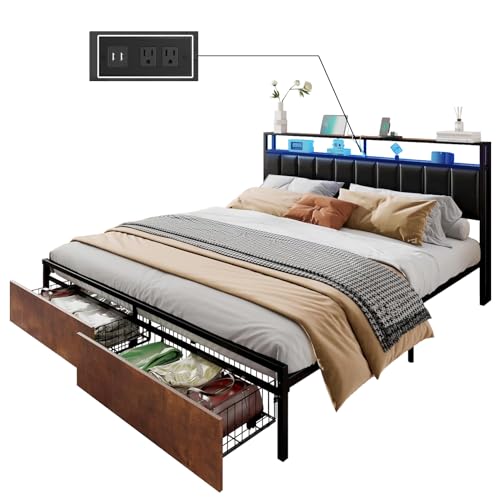 Full Bed Frame with 2 Storage Drawers, 2-Tier Storage PU Headboard with Charging Station& LED Lights, Metal Platform Bed/No Box Spring Needed/Noise Free/Black