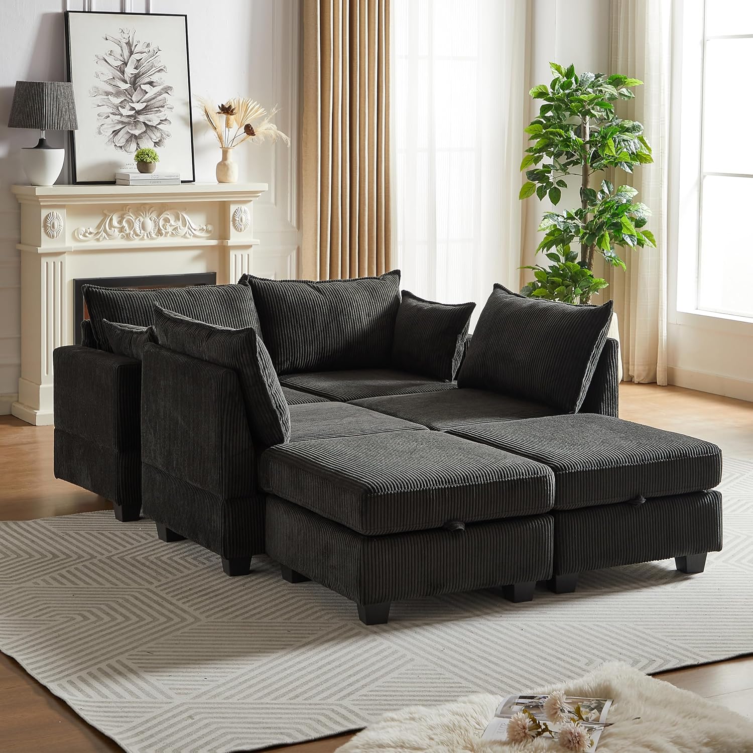 JUSTONE 113.5'' Modular Sectional Sofa with Storage, U Shaped Convertable Sectional Couch with Wide Chaise, Deep Seat Modular Sectional Sofa with Ottoman, Corduroy,Black