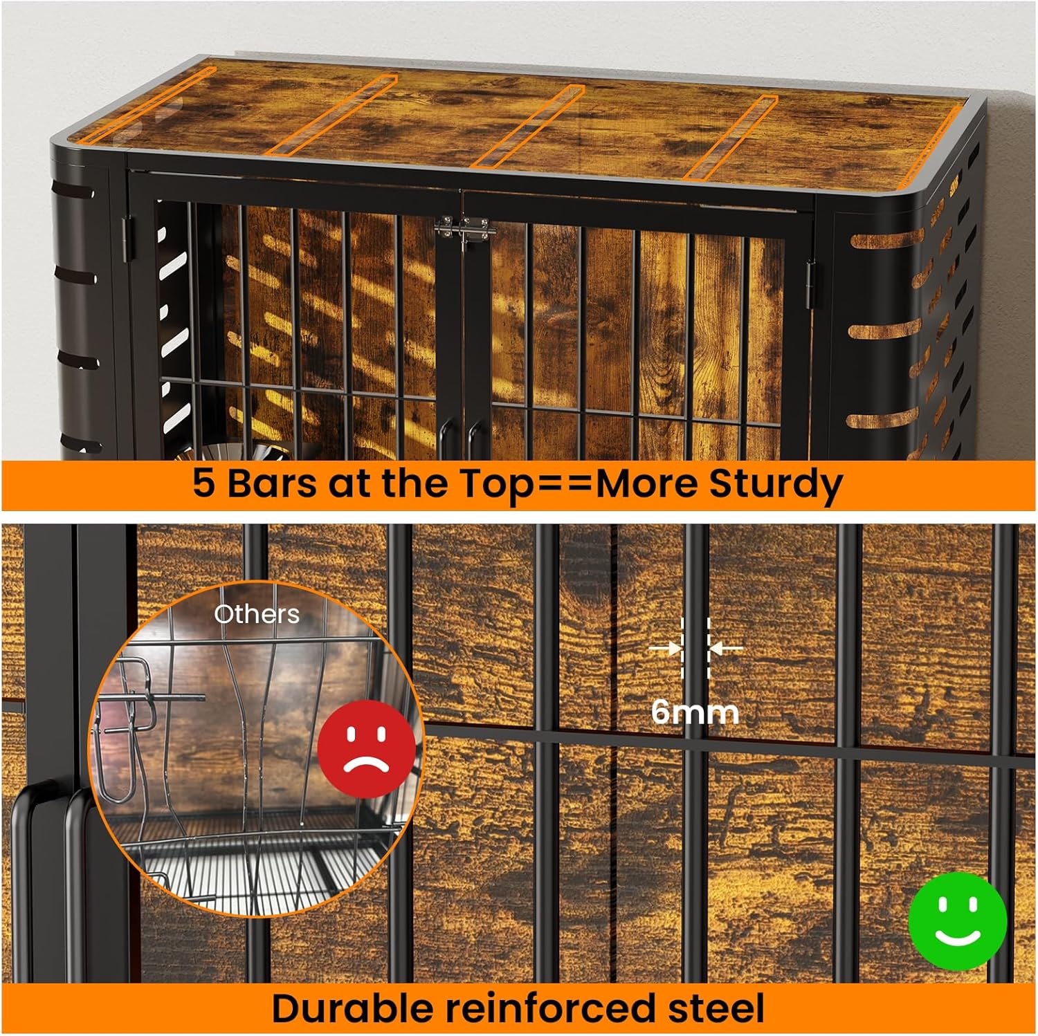 Dog Crate Furniture, 40 Inch No Screws Easy to Assemble Wooden Heavy Duty Large Dog Kennel End Table, with 360° Adjustable Bowl for Large and Medium Dogs, Chew-Resistant, Rustic Brow