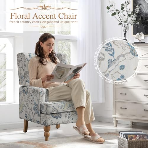 Simore Wingback Living Room Chair,Floral Upholstered Accent Chairs Set of 2,Modern Button Printed Fabric Armchair with Sturdy Wood Legs and High Back for Reading in Bedroom/Home Office/Study, Blue