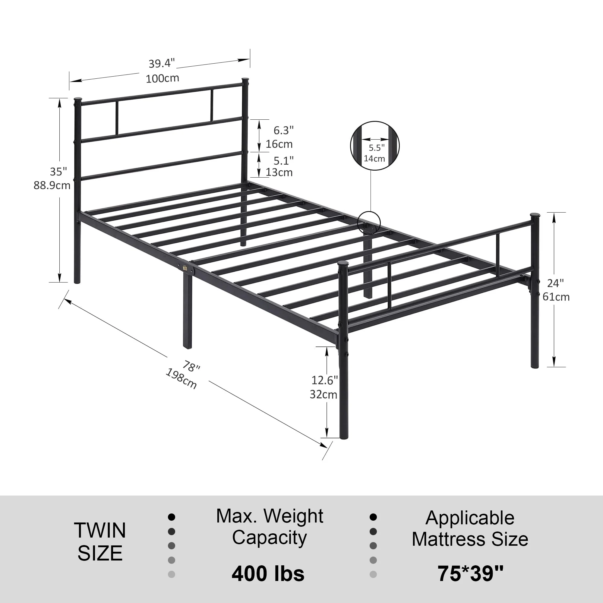 VECELO Twin Bed Frame with Headboard and Footboard, Metal Platform Bed Frame No Box Spring Needed Easy Assembly Mattress Foundation, Twin Size, Black