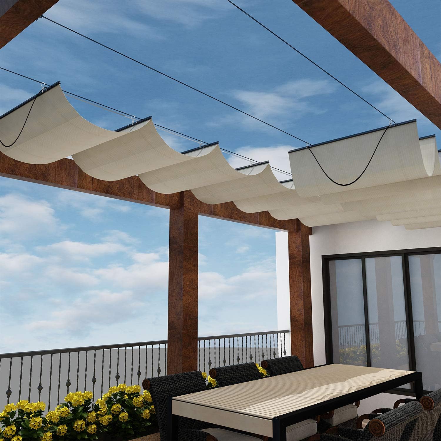 Windscreen4less Retractable Shade Canopy Replacement Cover for Pergola Frame Slide on Wire Cable Wave Drop Shade Cover Shade Sail Awning for Patio Deck Yard Porch Brown 4 ' x 16 '