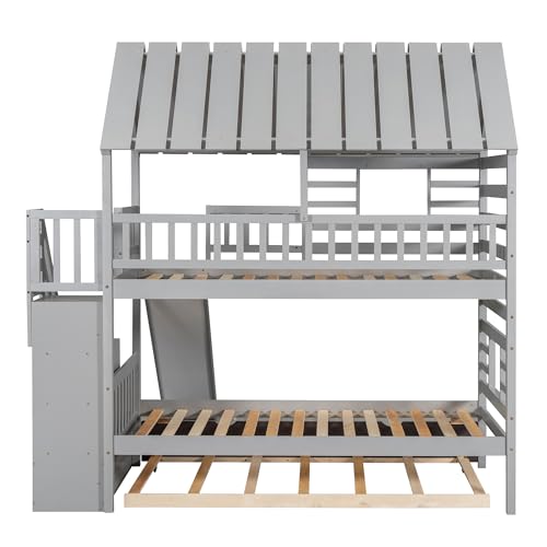 MERITLINE House Bunk Beds Twin Over Twin with Slide, Twin Bunk Bed with Storage Stairs and Trundle, Wood Kids Bunk Bed with Roof and Window Design for Girls, Boys,White