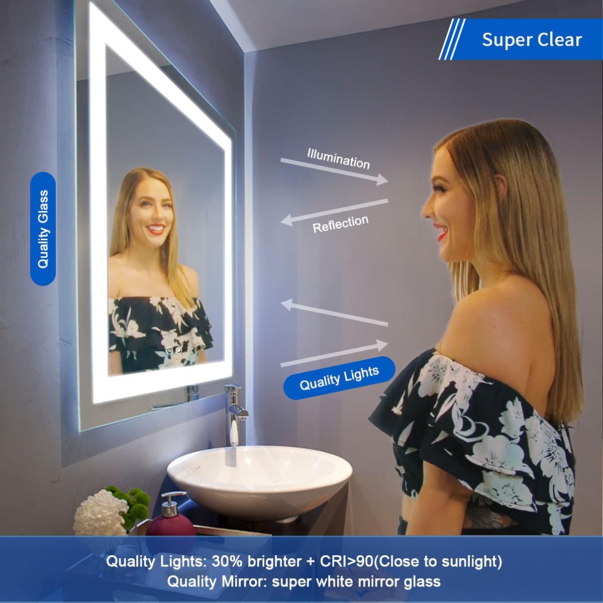 BHBL 60 x 36 Inch Illuminated LED Bathroom Mirror with Smart Button, Anti Fog, Dimmable, Bluetooth Speakers, Vertical & Horizontal Mount, Hotel Office Bar Mirror (D224-6036A)