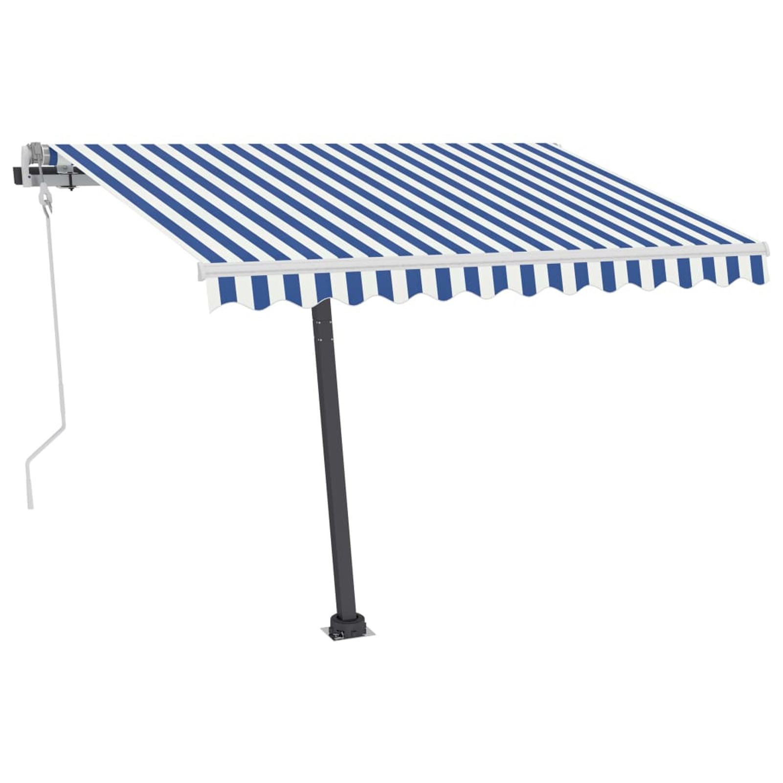 Dcenta Freestanding Manual Retractable Awning with Base Outdoor Canopy Sunshade Shelter Blue and White for Patio, Balcony, Backyard, Garden, Deck 118.1 x 98.4 Inches (W x H)