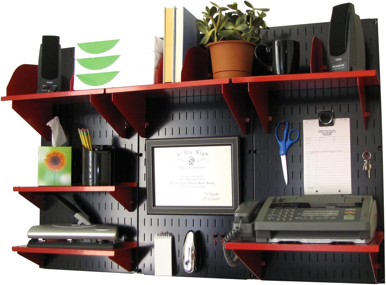 Wall Control Office Organizer Unit Wall Mounted Office Desk Storage and Organization Kit Metallic Wall Panels and Black Accessories
