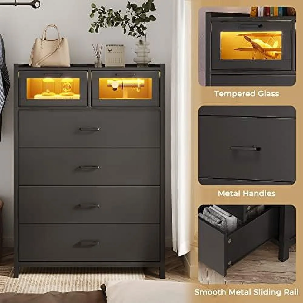 HJZBNONE Dresser for Bedroom  6 Drawer Dressers with LED Lights  Dressers &amp; Chests of Drawers  Bedroom Closet Wooden Tall Dresser for Bedroom  Hallway  Entryway