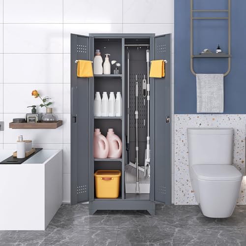 Metal Broom Storage Cabinet with Doors, 65" Steel Tool Storage Cabinet with Hanging Rod, Cleaning Storage Cabinet with Locking Doors, Broom Tool Storage Cabinet for Office, Garage