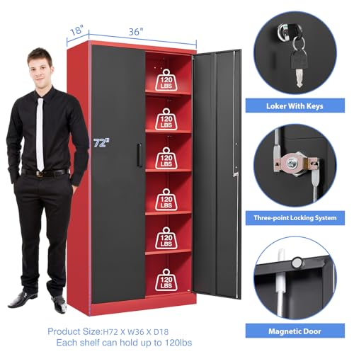 Yizosh Metal Garage Storage Cabinet with 2 Doors and 5 Adjustable Shelves - 71" Steel Lockable File Cabinet,Locking Tool Cabinets for Office,Home,Garage,Gym,School (Gray White)