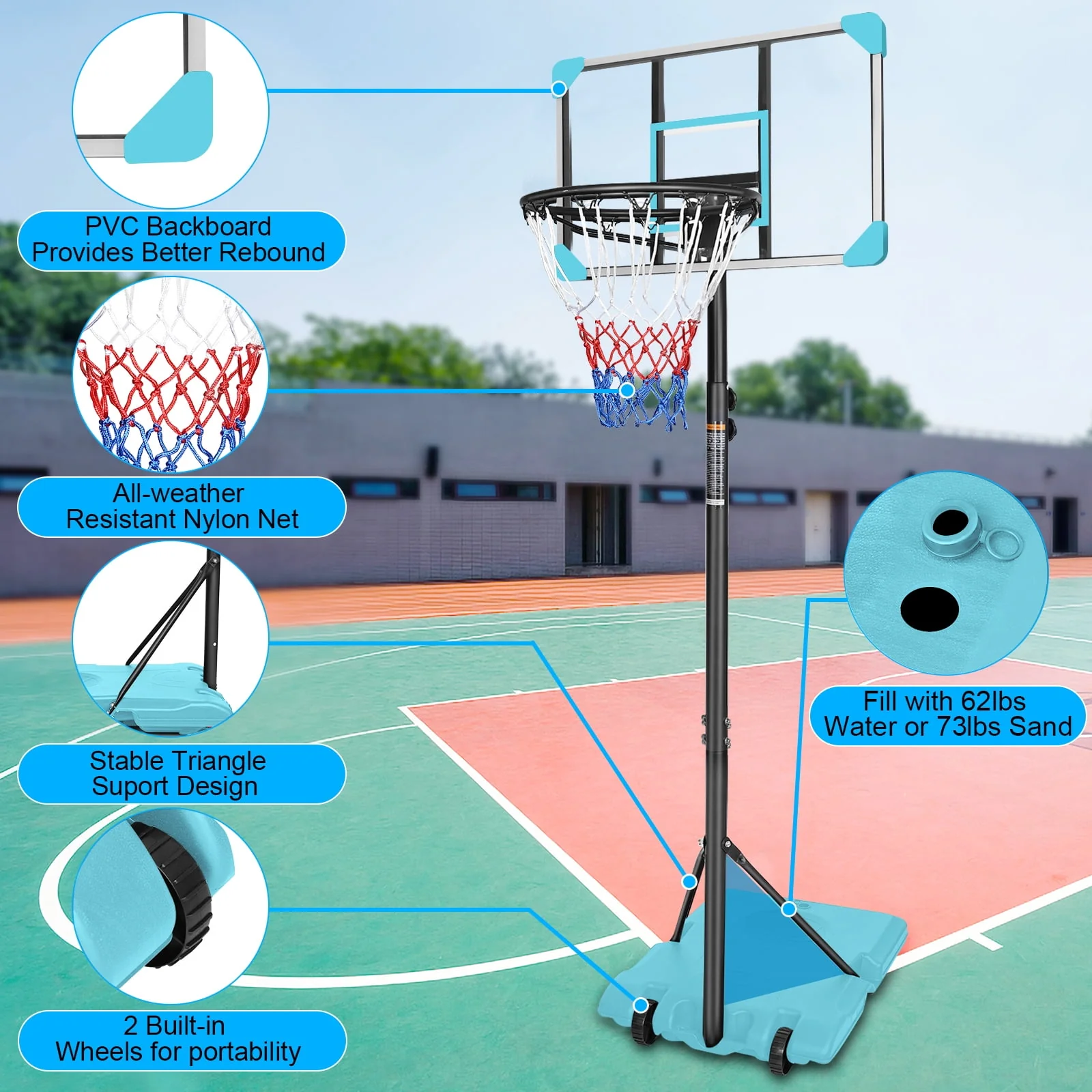 HooKung Portable Basketball Hoops Height Adjustable 5.6ft -7ft Basketball System 28'' Backboard with Wheels for Teenagers Youth Indoor Outdoor Use