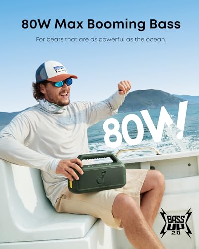 soundcore Boom 2 By Anker, Outdoor Speaker, 80W, Subwoofer, BassUp 2.0, 24H Playtime, IPX7 Waterproof, Floatable, RGB Lights, USB-C, Custom EQ, Bluetooth 5.3, Portable for Camping, Beach, and Backyard