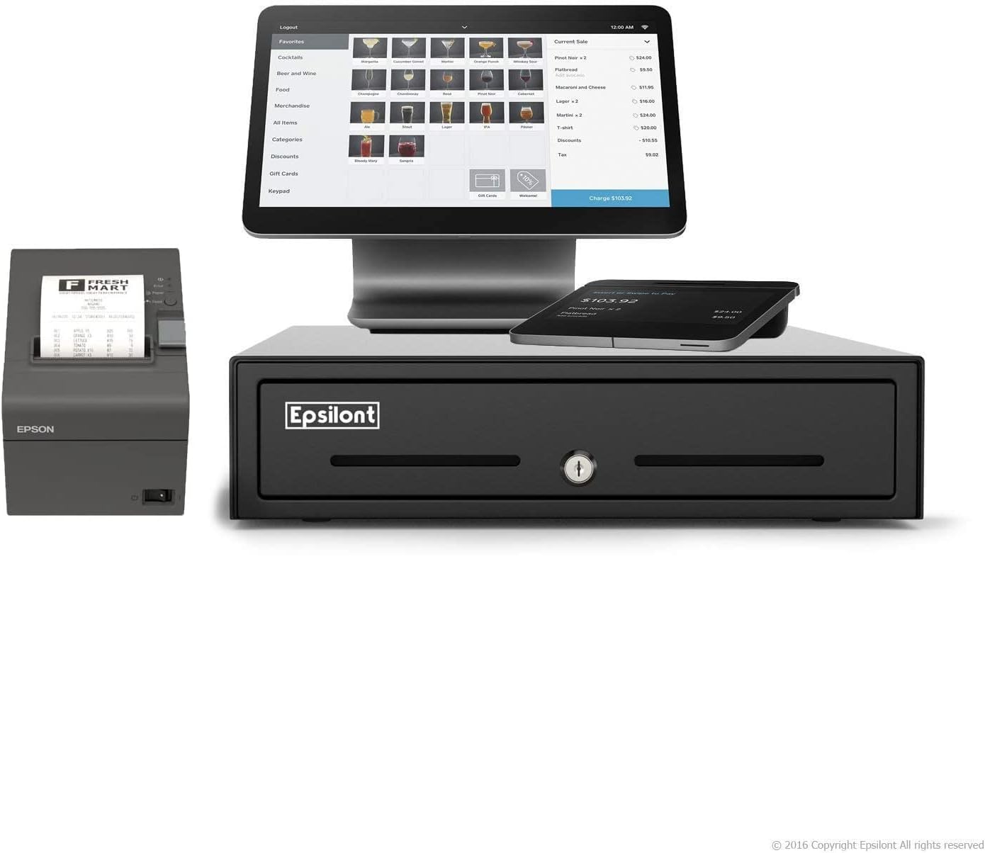 Complete Square Register - Comes with Android Based Dual Display, MAGSTRIPE, CONTACTLESS (NFC), CHIP (EMV), USB Receipt Printer and Epsilont Cash Drawer (Black)