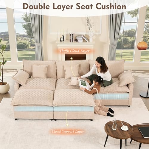 108" U Shaped Couch, Modular Sectional Sofa, 3-Seater Comfy Cloud Couch with Movable Ottoman, Deep Seat Couches for Living Room, Chenille, Black
