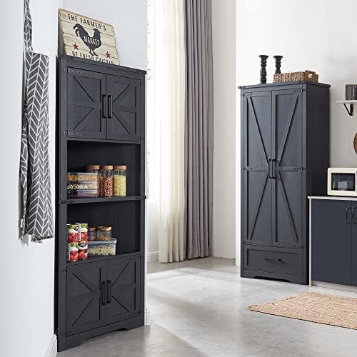 JXQTLINGMU Farmhouse Corner Cabinet, Tall Corner Bathroom Storage Cabinet with Barn Door Design & Adjustable Shelves, for Laundry Room, Living Room, kitchen,(Black)