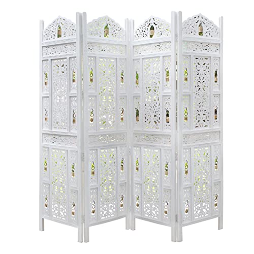 Room Divider Wood Screen - Ghanti Bells Antique Brown - 4 Panel Folding 72 x 80 - Assembled Hand Carved Decorative Functional Versatile Portable Partition Reversible Privacy Boho - COTTON CRAFT