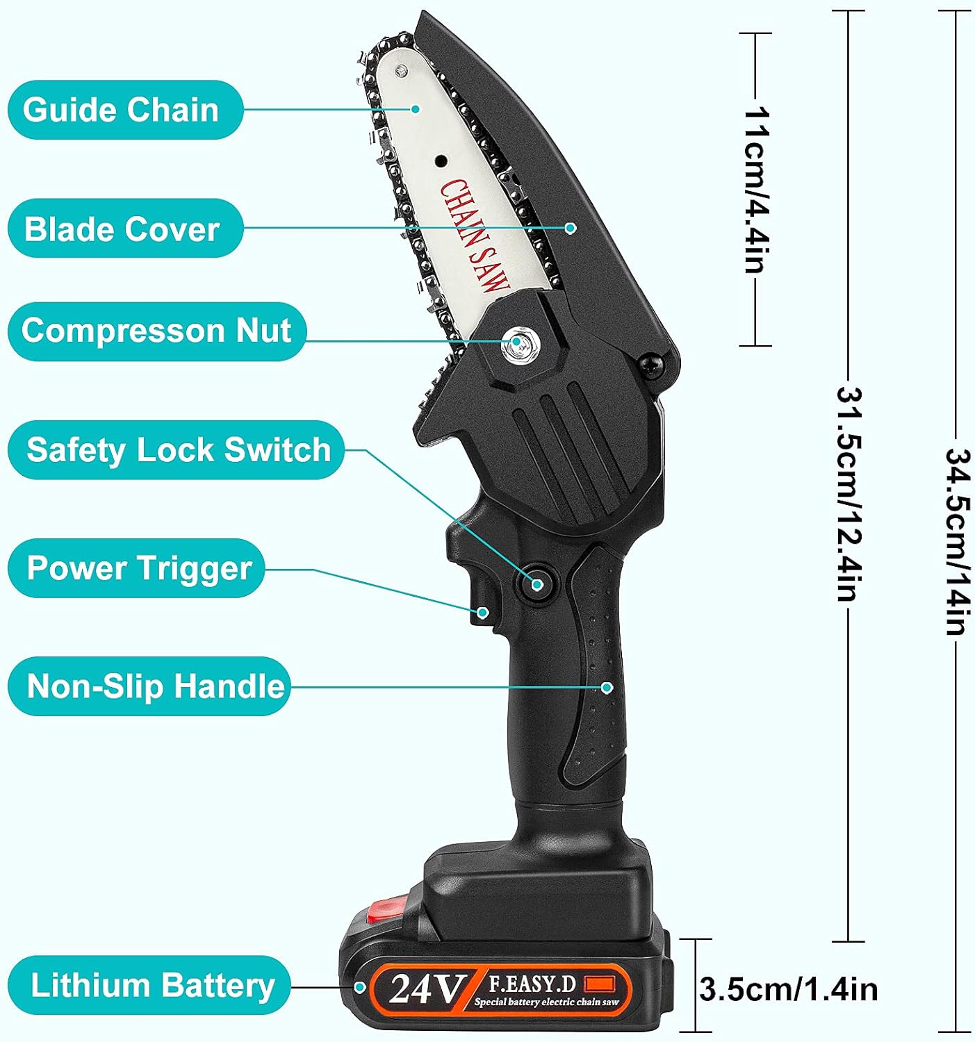 Mini Chainsaw Cordless Upgrade with 3 Chain 24V Strong Power 2 Batteries and Charger, OneLeaf Portable Handheld Battery Chainsaw , Small One-Handed for Gardening Pruning, Tree Trimming Pack of 2