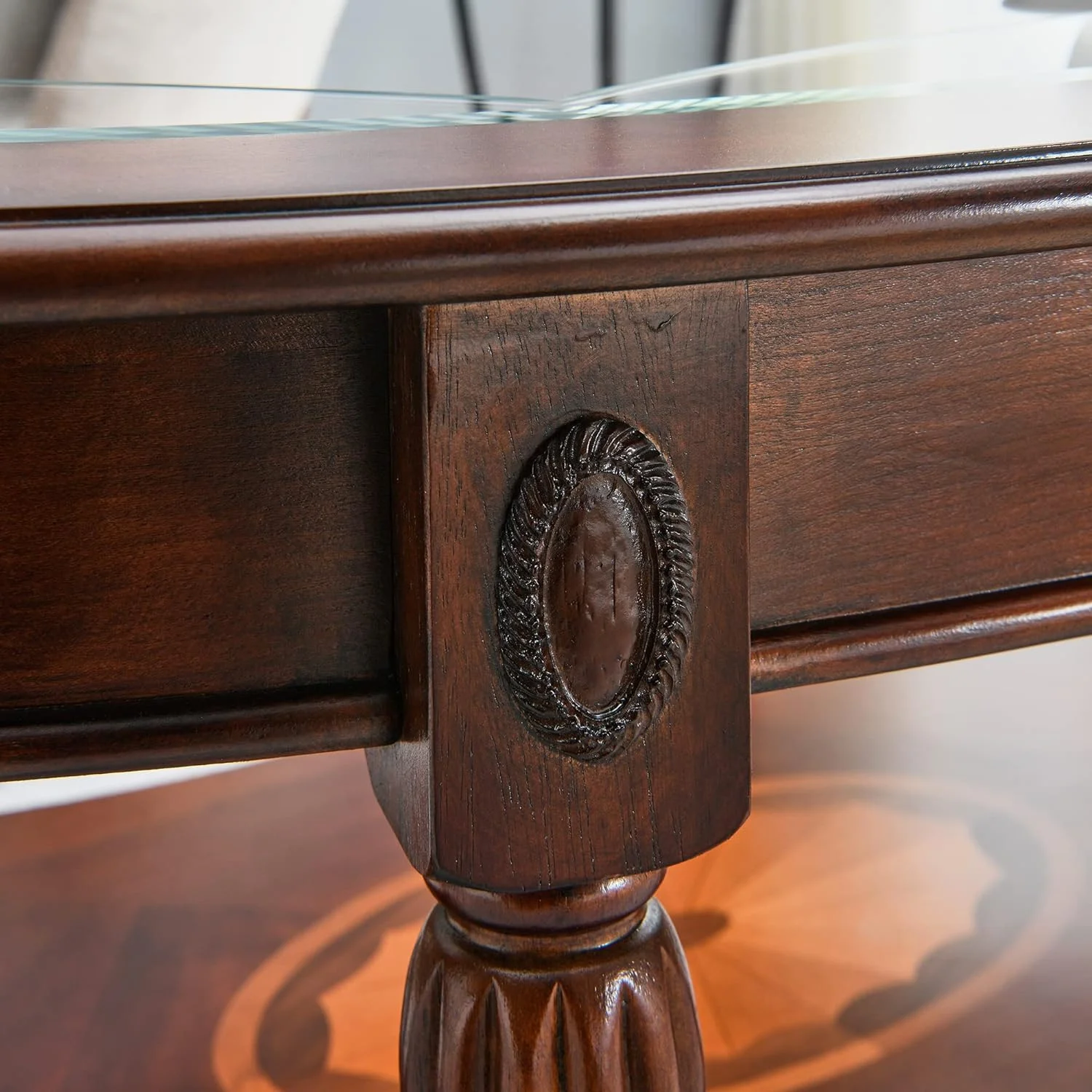 Oval Coffee Tables For Living Room, Solid Wood Coffee Table With Glass Top, Vintage Cocktail Table, 46"X29"X18.2", Easy Assemble, Cherry Walnut, KFZ-1533-GT