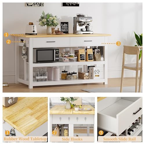 47.3" Solid Rubberwood Kitchen Island with Power Outlets - Extra Large Work Surface, 2 Drawers & Open Shelves Storage Cabinet for Kitchen Dining Room, Farmhouse Style (Grey)