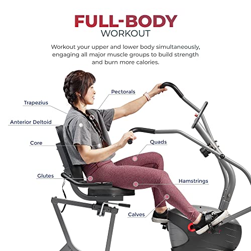 Sunny Health & Fitness Smart Recumbent Bike, Full-Body Home Training with Arm/Leg Exercisers, Indoor Cycling Workout Machine Plus Adjustable Seat & Bulit-in Pulse Sensors, Free SunnyFit App Connection