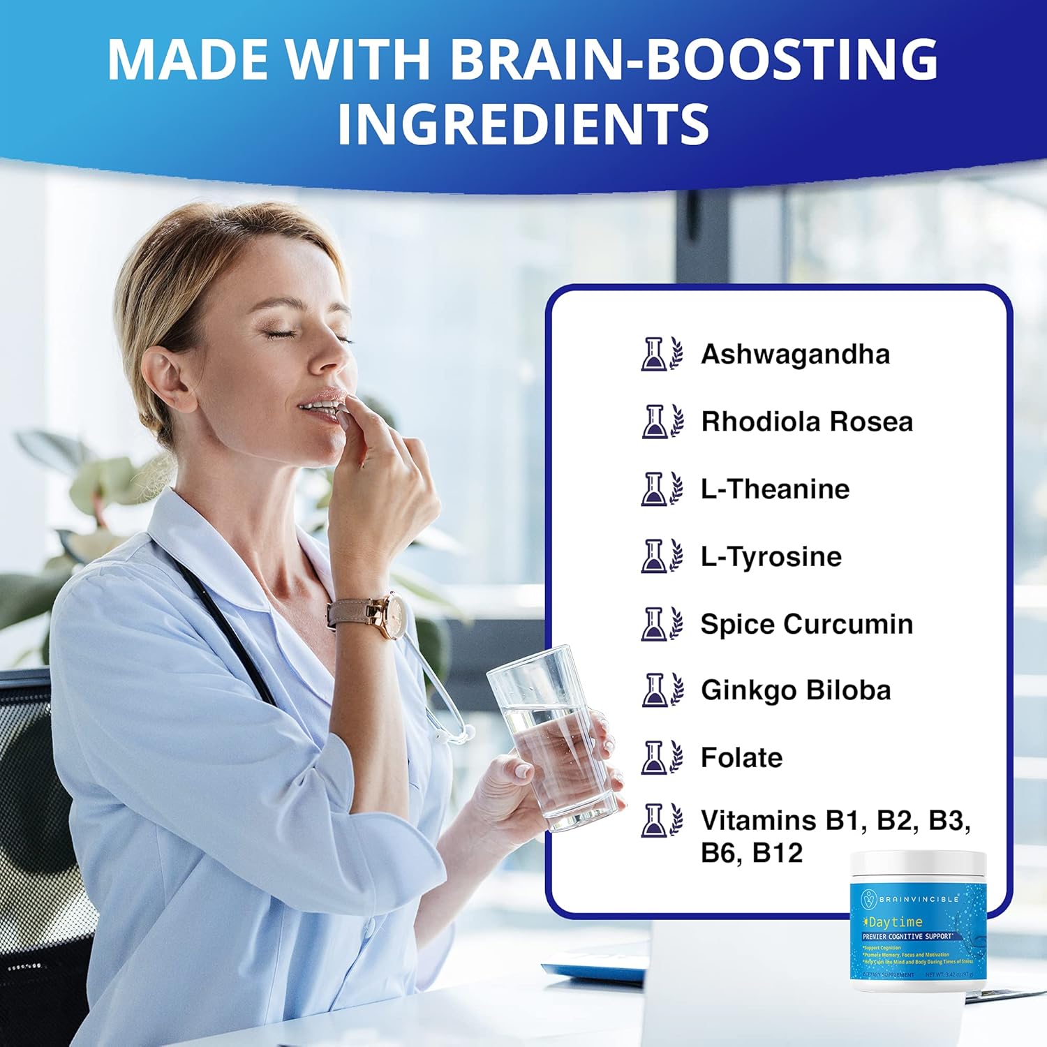 Brainvincible Nootropics | Top Brain Supplement for Memory, Focus, Mental Energy, and Concentration Cognitive Support - Brain Supplement, Brain and Energy Booster - 22 Servings - Made with Ashwagandha Powder, Rhodiola Rosea, Bacopa Monnieri, Ginkgo B