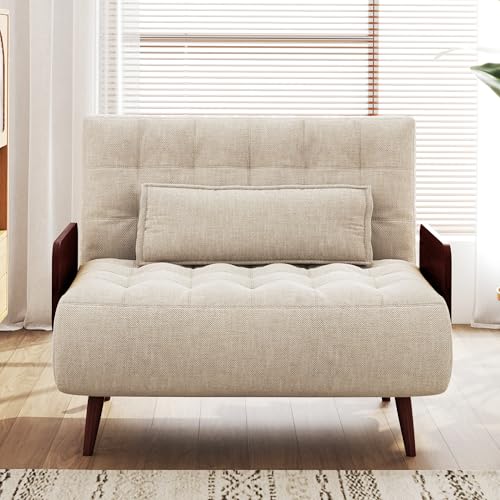 3-in-1 Convertible Chair Bed Sleeper for Adults, Linen Convertable Sleeper Chair with Wooden Arms & Pillows, Foldable Single Futon Sofa Bed (Mid Century with Walnut Arm, 36.6" Wide)