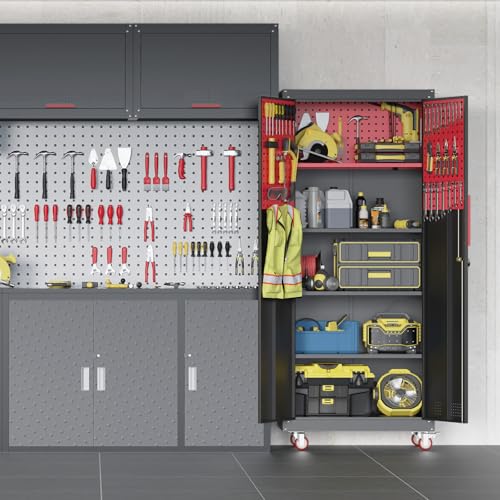 Metal Garage Storage Cabinet, Tall Garage Cabinets with 5 Adjustable Shelves, Steel Tool Storage Cabinet with Wheels,Lockable Heavy Duty Metal Cabinets for Home, Warehouse,Basement